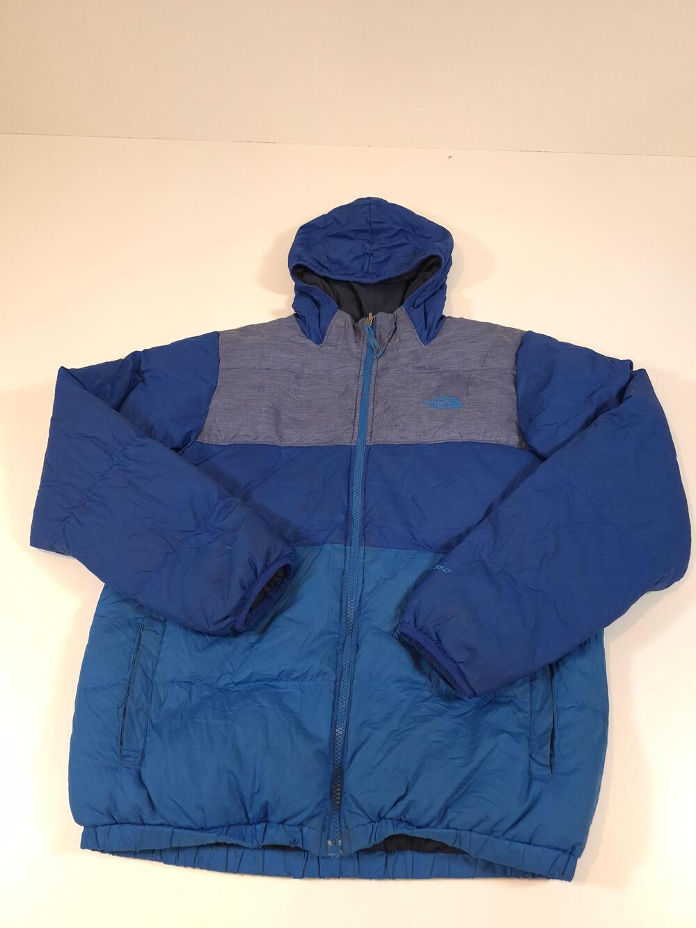 The North Face Jacket Boys 18/20 Blue Colorblock 550 Down Puffer Hooded FLAW